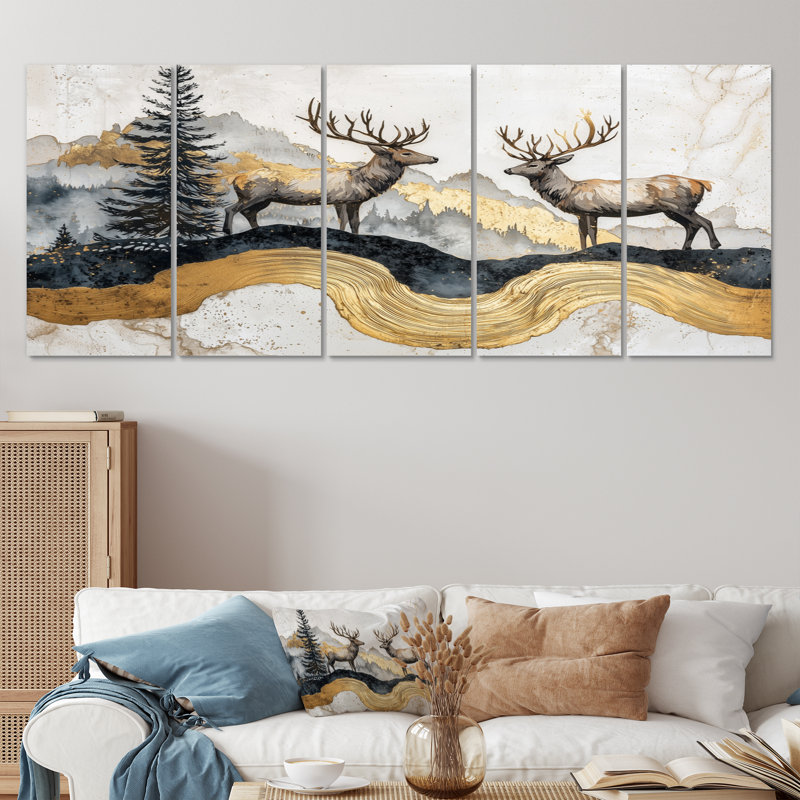«Golden Deer Landscape Grace in The Forest V» - art mural animal cerf - ensemble d'art mural moderne, H 32 po x l 80 po