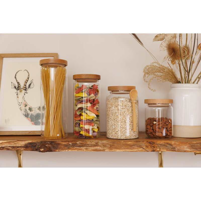 KitchenCraft Idilica Glass Storage Jar with Beechwood Lid and Bamboo Spoon, 1200ml