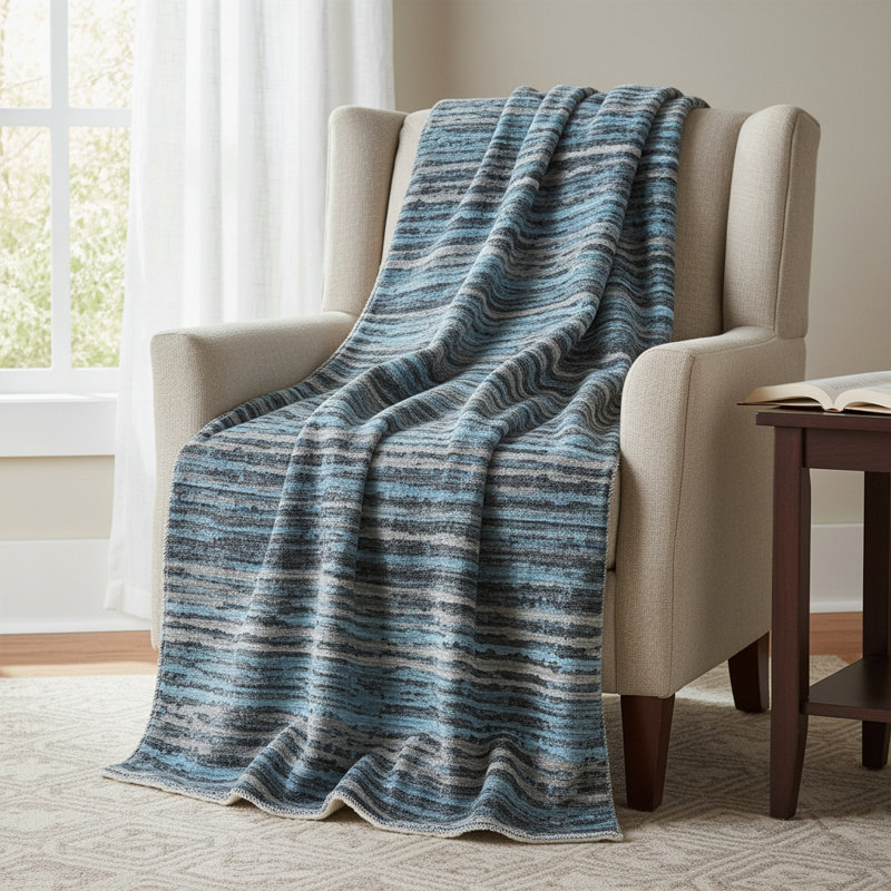 Jeté 50 po x 70 po en microfibre à rayures bleues et gris anthracite