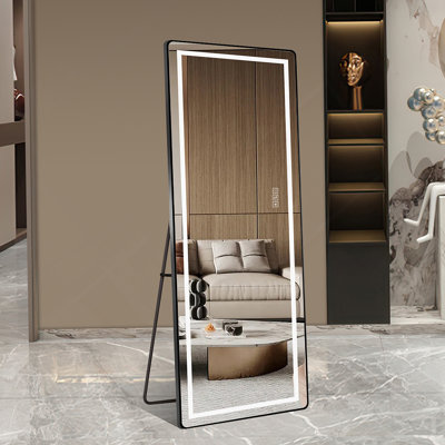 64 Inch X 21 Inch Full-Length Vertical Mirror With LED Light, Illuminated Floor Mirror With Bracket, Dimming Wall Mirror With Full-Length Aluminum Alloy Thin Frame, Black