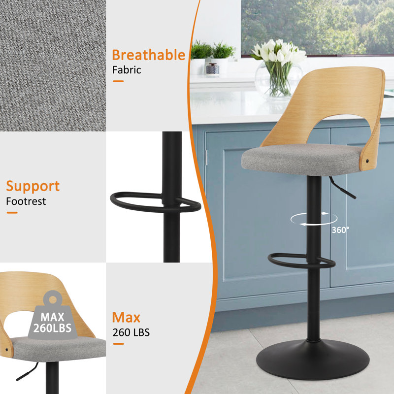 Beech Wood Middle Back Bar Stools Height Adjustable Bar Chairs With Footrest, Set Of 2, Beige