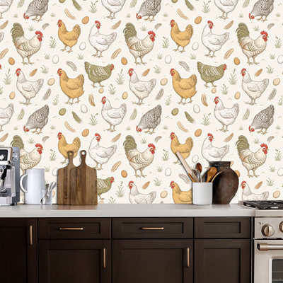 Peel and Stick Wallpaper Seamless hand drawn chickens Contact Paper Removable Self Adhesive Wall Mural Wall Decor for Bedroom Kitchen Cabinets 17.7in x 118in