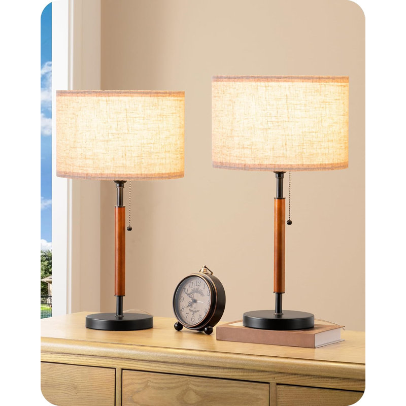 Mid Century Table Lamp Set Of 2, Pull Chain Switch Bedside Lamp With Linen Shade, Solid Wood Pole & Metal Base, Modern Nightstand Lamp For Bedroom, Living Room, Office, E26 Socket