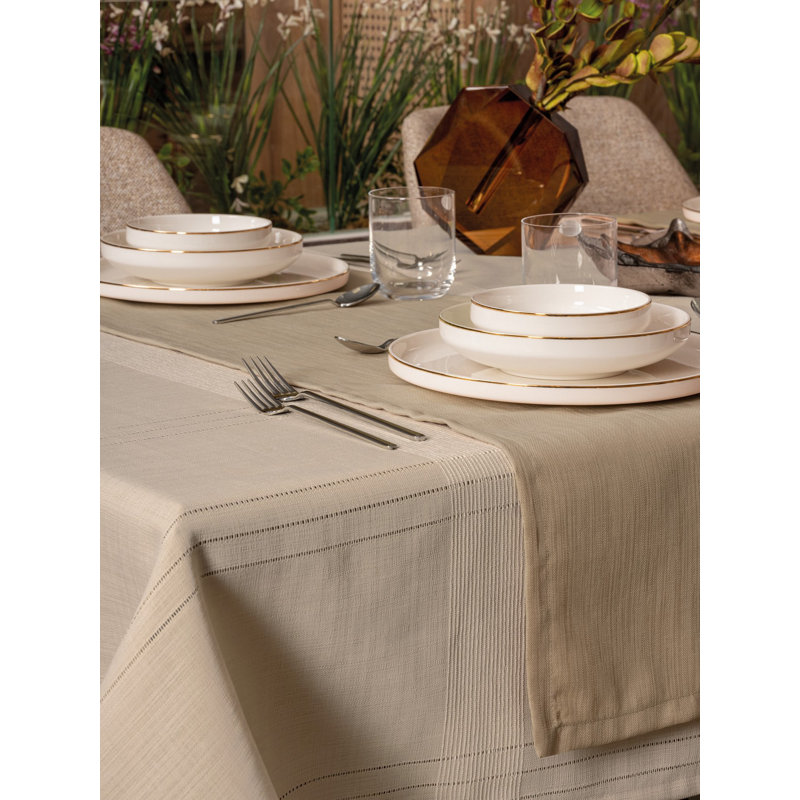 Beige Tablecloth Set (2 Pieces), 61 x 86.6 & 14 x 51, 100% Polyester | Machine Washable, Low Heat Iron Safe | Perfect for Dining Room & Special Occasions, Elegant & Durable Design, Easy Care