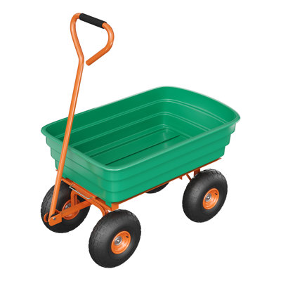 Chariot à benne de jardin robuste, capacité de 600 lb, chariot en poly 4 pieds cubes avec quatre roues tout-terrain de 10 po, poignée pivotante à 180 ° et basculement rapide pour une utilisation en extérieur dans une cour de jardin, vert et orange