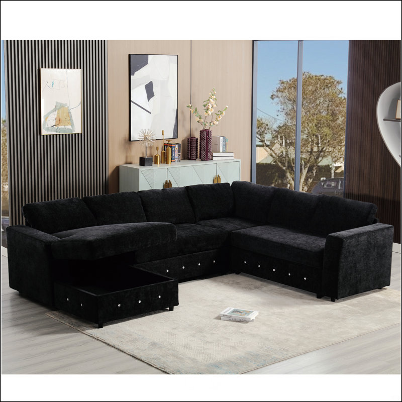 110.75" Sectional Sofa, Black Chenille