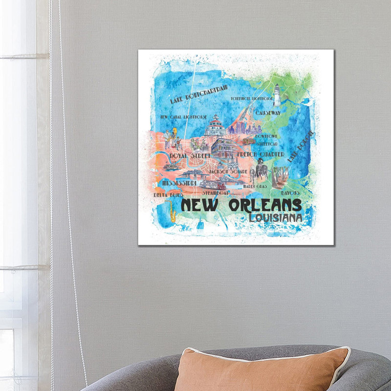 New Orleans Louisiana USA Illustrated Map by Markus & Martina Bleichner - Painting on Canvas, Wrapped Canvas