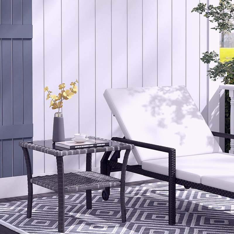 Outsunny Woven Rattan Edge Table, Outdoor Side Table with Storage Shelf, Aluminum Frame Square, Tempered Glass Top, Beach Color