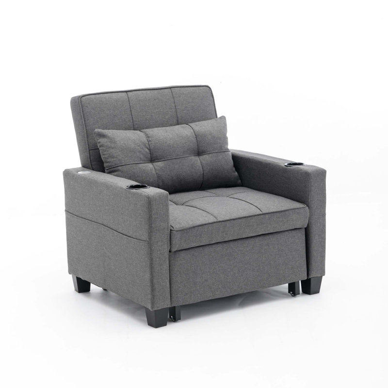 Fauteuil-lit convertible 3 en 1 de 34,26 po avec ports USB, dossier réglable, porte-gobelets et poches de rangement