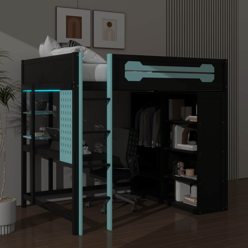 Lit mezzanine double avec bureau et garde-robe, lit mezzanine en bois avec espaces de rangement et éclairage intégré