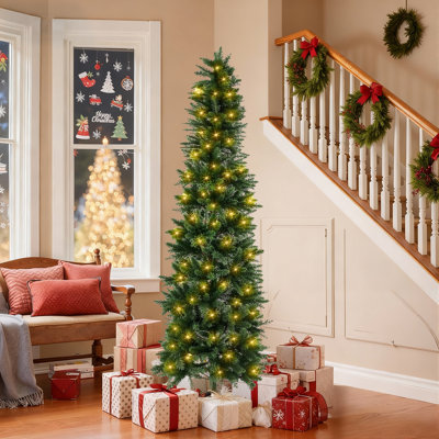 Pre-Lit Pencil Christmas Tree, Green Artificial Spruce Slim Christmas Trees With Incandescent Lights For Home, Office, Party Decoration