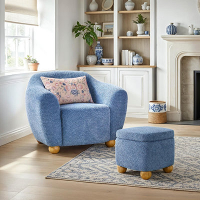 EZ Assembly 2-Piece Contemporary Bouclé Upholstered Lounge Chair And Small Storage Ottoman