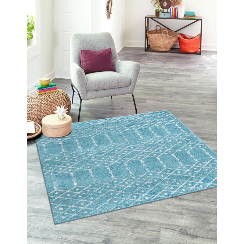 Sierra Geometric Area Rug, Square 5'3", Teal Blue
