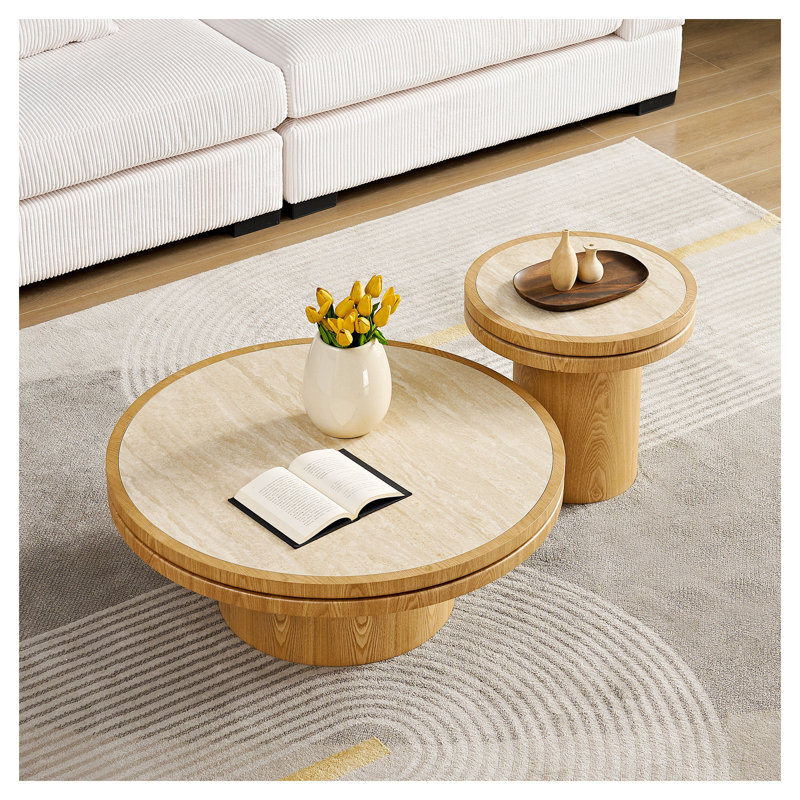 Table d'appoint ronde en bois naturel 19,5 po avec plateau en pierre frittée - Table de bout moderne pour le salon et la chambre à coucher