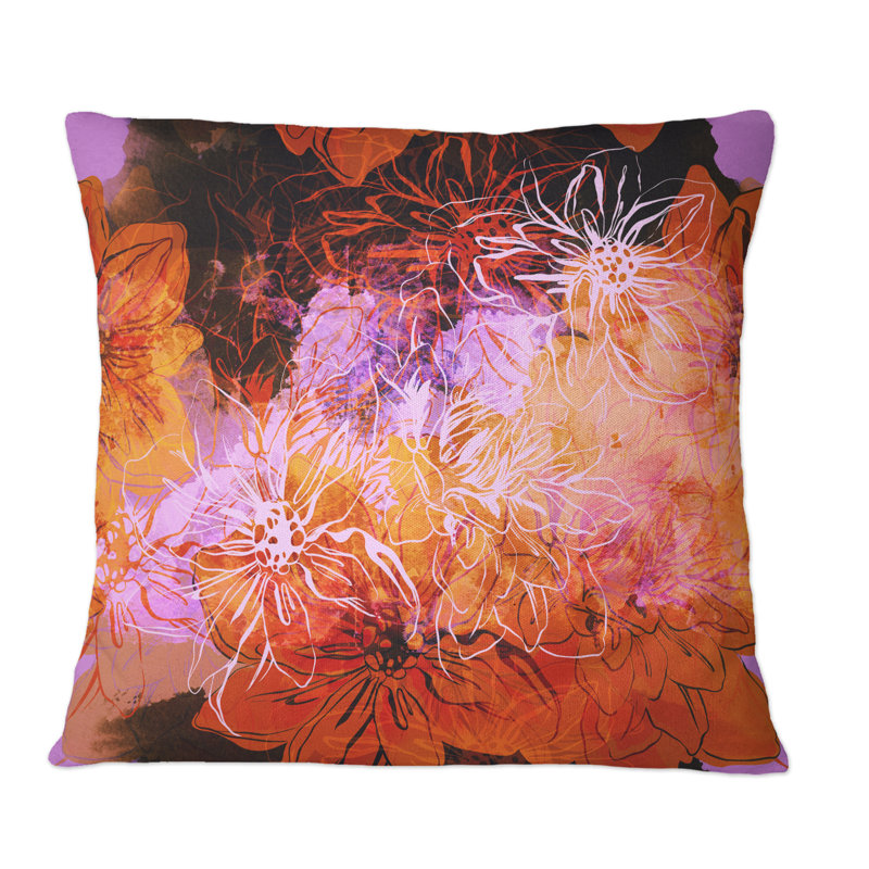 Coussin décoratif orange et mauve à motif floral abstrait, 16 po x 16 po