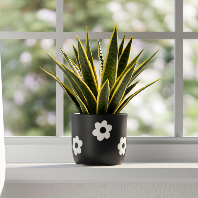 Sagebrook Home 6" Flower Power Planter, Black/White, Black White