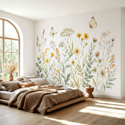 Papier peint adhésif mural à bordure florale, fleurs jaunes abstraites, feuilles vertes, papier auto-adhésif amovible, décoration murale pour salon, chambre à coucher H 69 po x l 96 po