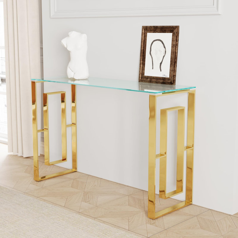 47.2" Glass Top Console Table With Stainless Steel Base, Gold