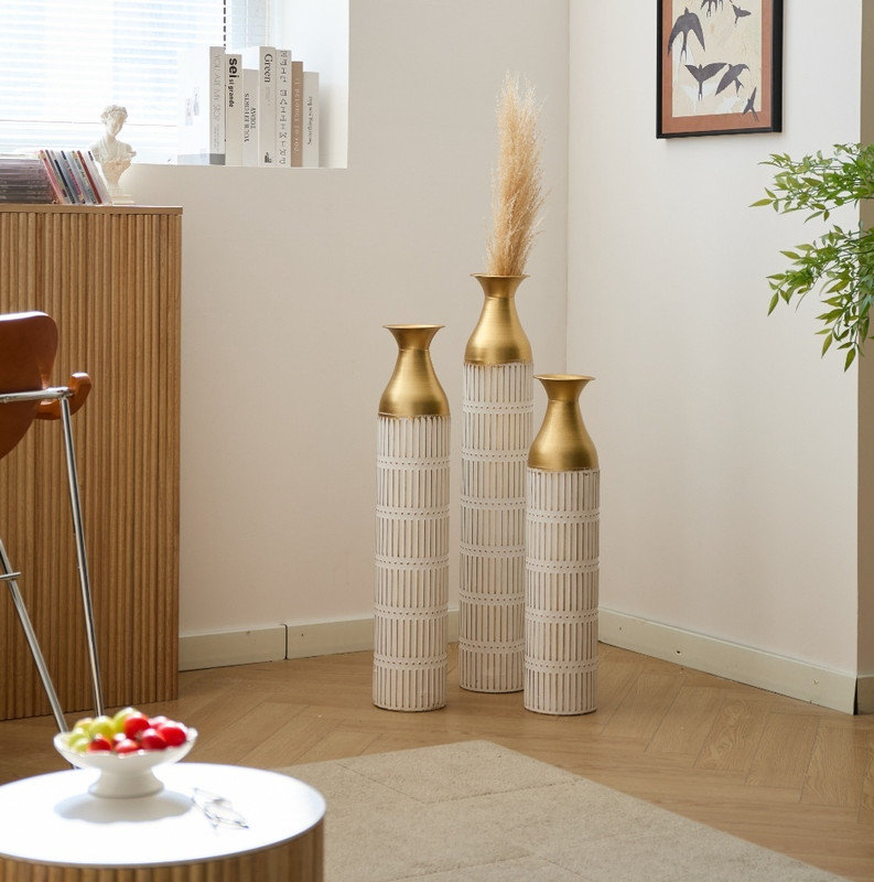 3 grands vases de plancher en métal glacé blanc 3 pièces - Superbe décor pour le salon