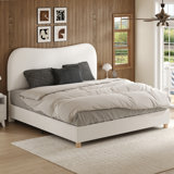 Upholstered Boucle Platform Bed with Curved Shaped Headboard & Soft Rounded Corners