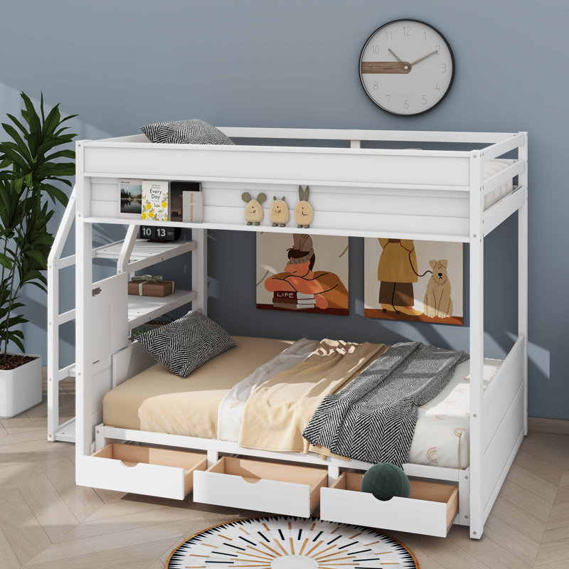  Lit superposé convertible en bois Keiari avec escalier de rangement, table de chevet et 3 tiroirs, Blanc