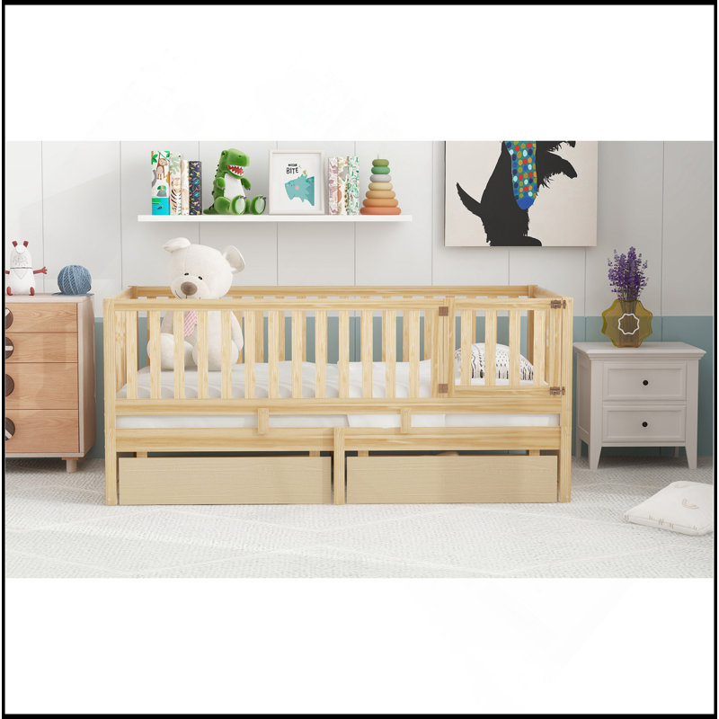 Twin Size Wood Daybed With Fence Guardrails And 2 Drawers, Split Into Independent Floor Bed & Daybed, Natural, Twin