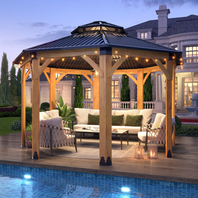 13 Ft. W x 13 Ft. D Spruce Framed Octagon Wood Gazebo with Double Tiered Steel Hardtop Roof and Ceiling Hook