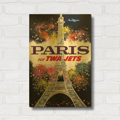 « Vol TWA Paris Tour Eiffel 1960 » David Klein, affiche murale en métal doré, par Vintage Posters, 40,6 cm x 61 cm