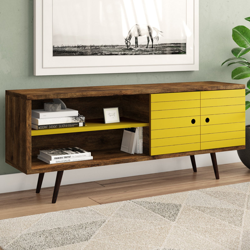 Liberty 63" Mid-Century Modern 3-Shelf TV Stand for TVs up to 60" in Rustic Brown and Yellow, Rustic Brown/Yellow
