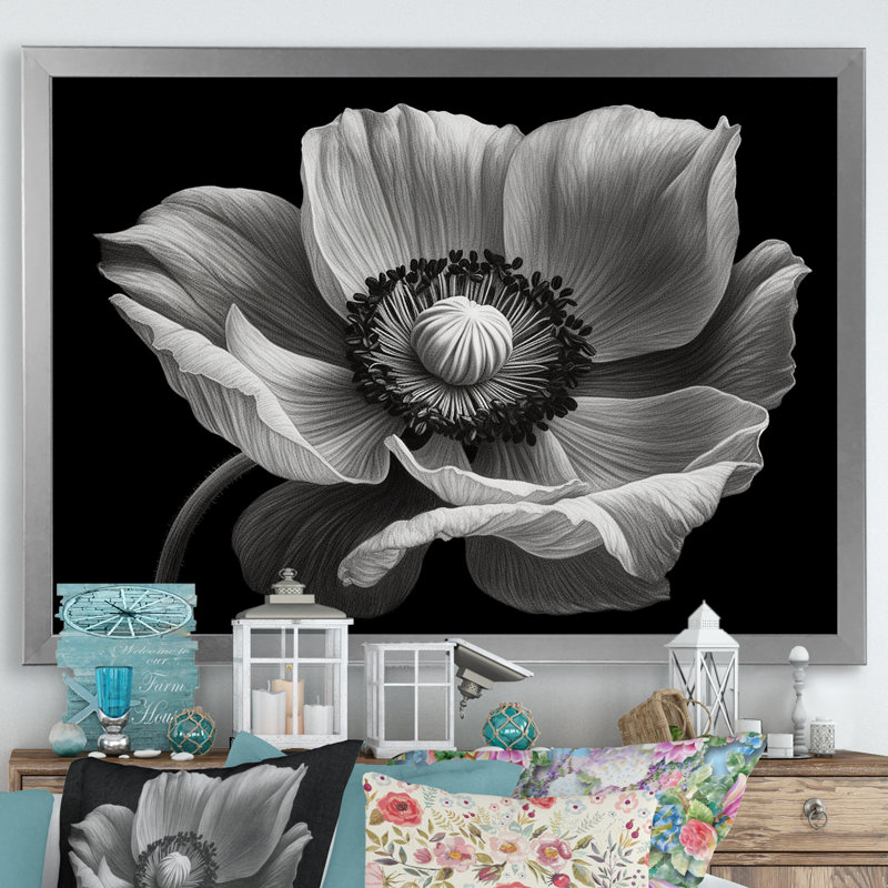 Coquelicots noirs et blancs sur toile, Cadre simple argenté, H 30 po x l 40 po x P 1,5 po
