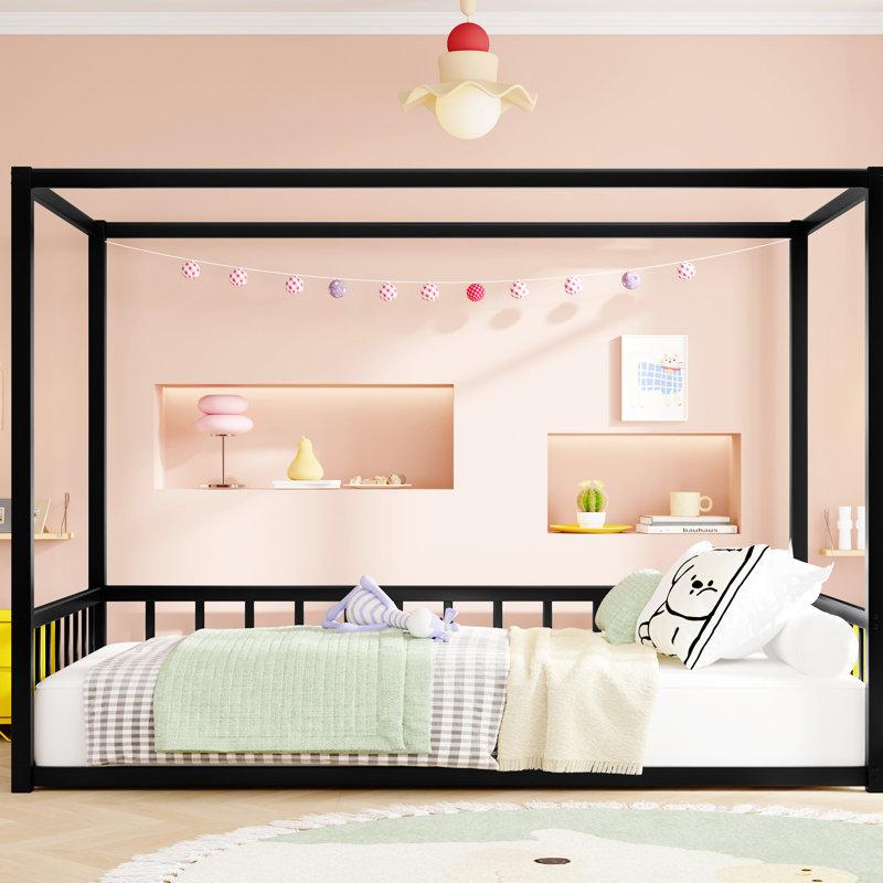 Cadre de lit simple en fer noir avec garde-corps à côtés multiples, fonction de surmatelas, cadre de chambre à coucher confortable, conception de clôture, tubes elliptiques, sommeil chaud