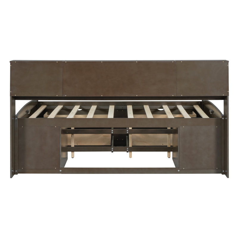 Lit de jour en bois pleine grandeur avec 2 tables de chevet, tablettes du haut et 4 tiroirs, brun antique, Brown