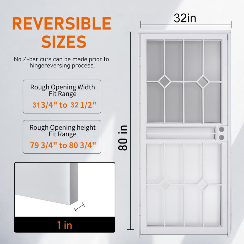Porte de sécurité en acier gris de luxe Grisham, porte de tempête en fer 32 × 80 pouces, blanc, L 32 po x H 80 po, Blanc