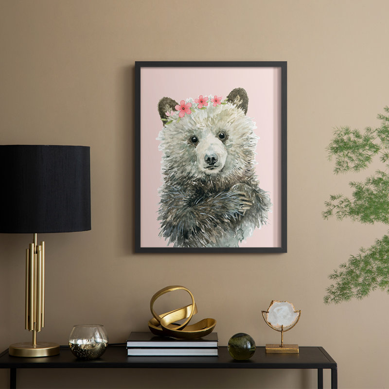 Reproduction encadrée d'un ourson en bois massif, Noir, H 11 po x l 9 po