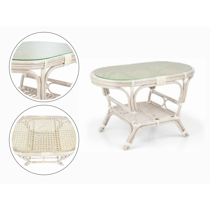 Floral Upholstered White Wash Rattan Lounge Set with Glass Coffee Table