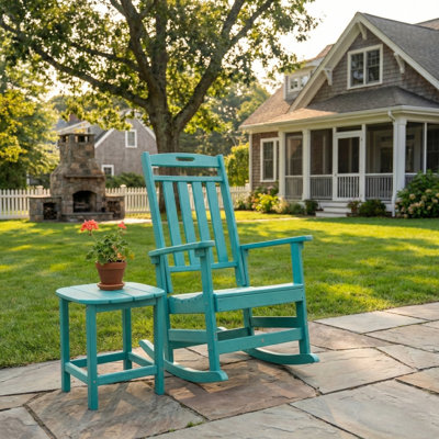 2-Piece HDPE Outdoor Rocking Chair Set With Side Table, All-Weather Porch Rocker And End Table Bundle