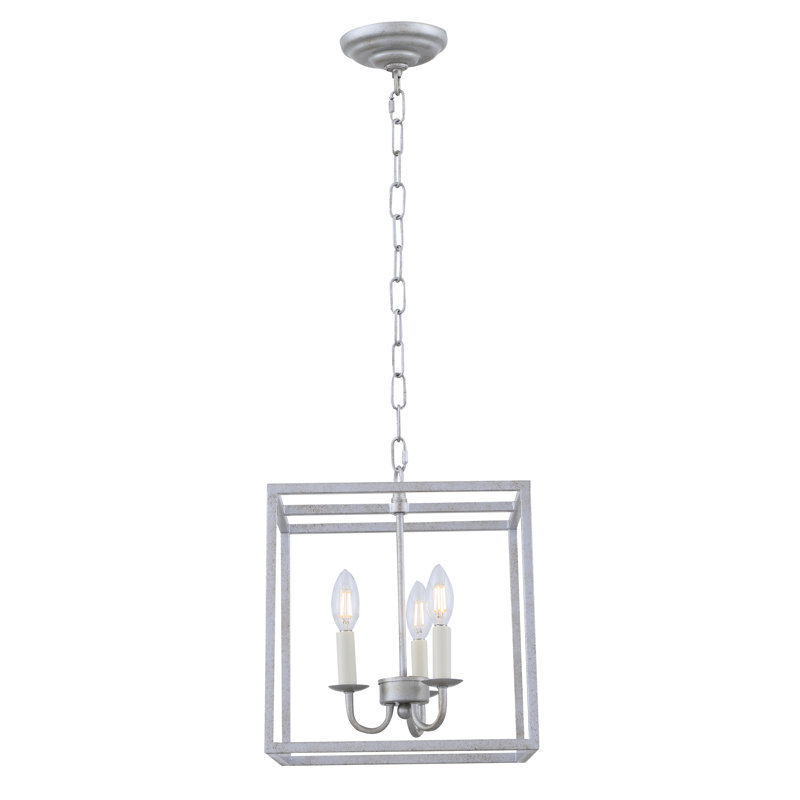 Luminaire suspendu carré 3 lumières lanterne Tarbox, Argent rétro
