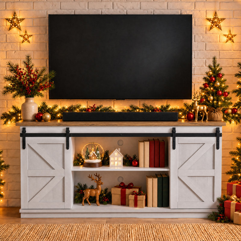 Hartin 58''W TV Stand with Sliding Barn Doors for TVs up to 65", Carol Oak/White