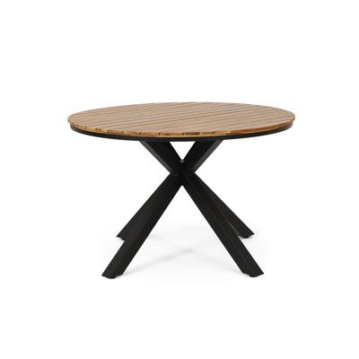 Outdoor Dining Table, Teak Acacia Wood Tabletop And Black Metal Leg