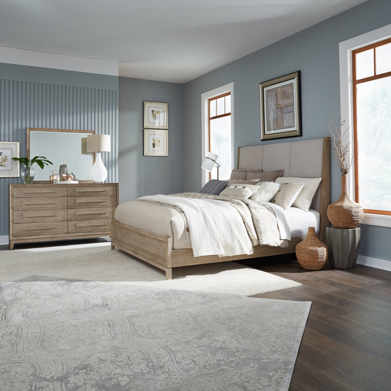 Ensemble de chambre à coucher avec lit tapissier, commode et miroir Chantee, Grand