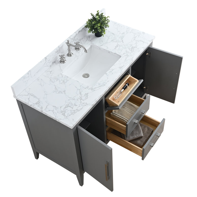 Meuble-lavabo simple 48 po avec plateau en marbre, Nickel brossé, Gris cachemire