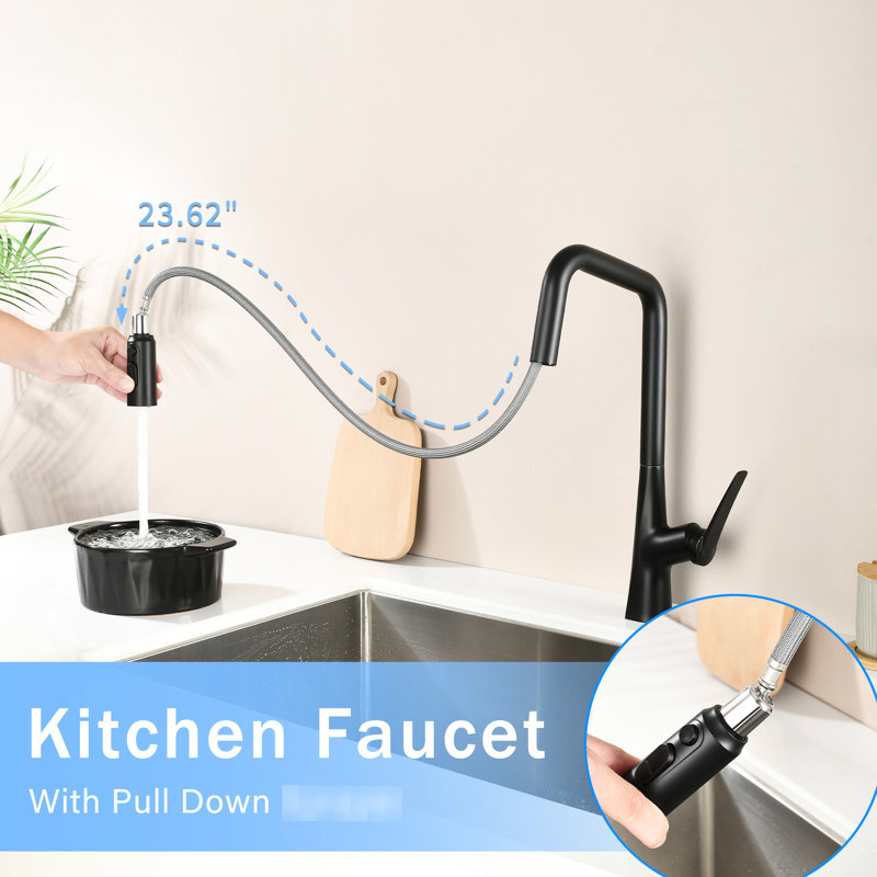 Professional Matte Black Kitchen Faucet With 360 And One Touch Switching, 23.6 In Pull-Out Hose, 3 Water Flow Modes For Use, Single Hole Deck Mount, Heavy-Duty Metal Construction, Ceramic Cartridge