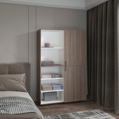 Armoire autoportante blanche et acajou à deux portes avec tringle et tablettes
