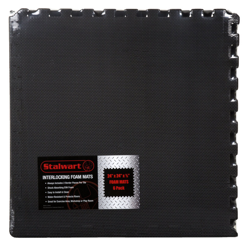 Black Interlocking EVA Foam Floor Mats, 25" x 25" Set of 6