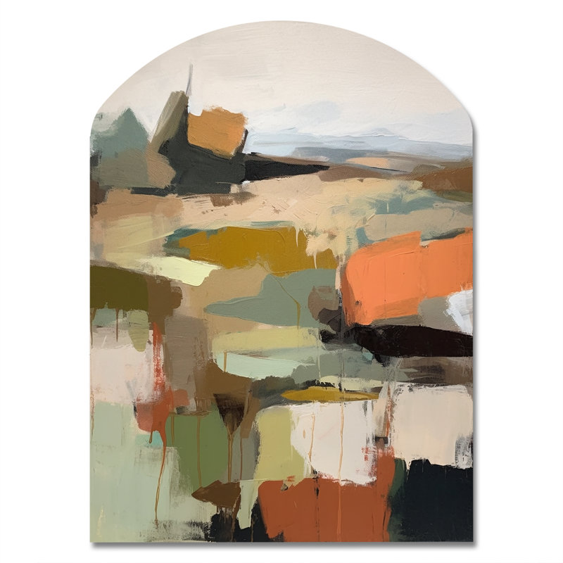 «Green and Beige Transcendant Reality III - Arch Abstract Paint», décoration murale asymétrique en métal, H 34 po x l 25 po
