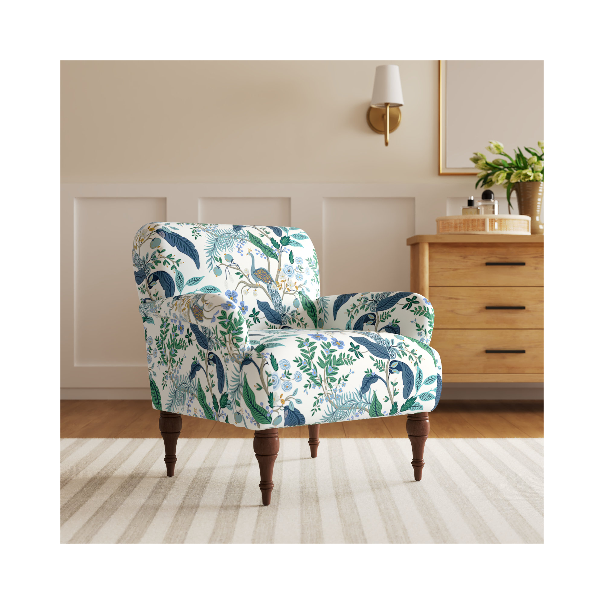 Rifle Paper Co. x Cloth & Company Bristol Armchair, Blue Linen Blend, Espresso