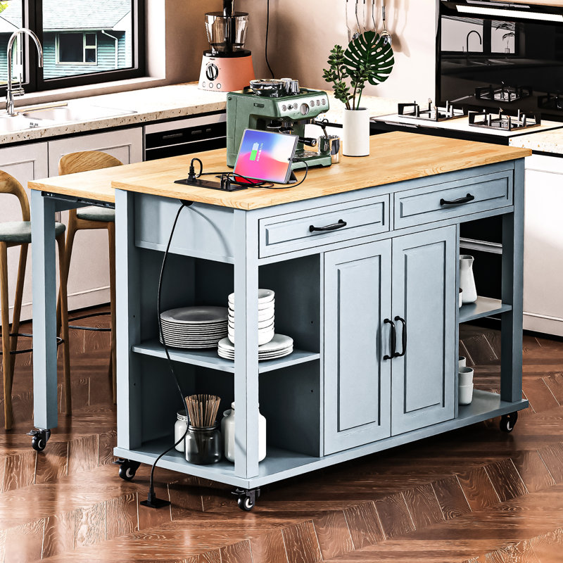 Kitchen Island With Extendable Table, Rubber Wood Veneer, 2 Drawers, Cabinets, Internal Storage Rack, Ac Outlets, 1 , Type - C, Mobile And Stationary 47 Inch Island, Dining Storage, Soft Close Hinges