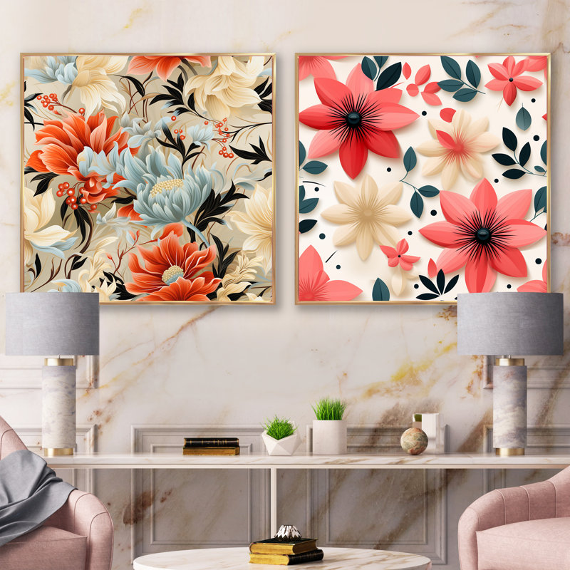 Conformation rose et blanc à motif floral - ensemble de 2 collages floraux carrés, Cadre flottant doré, H 36 po x l 73 po