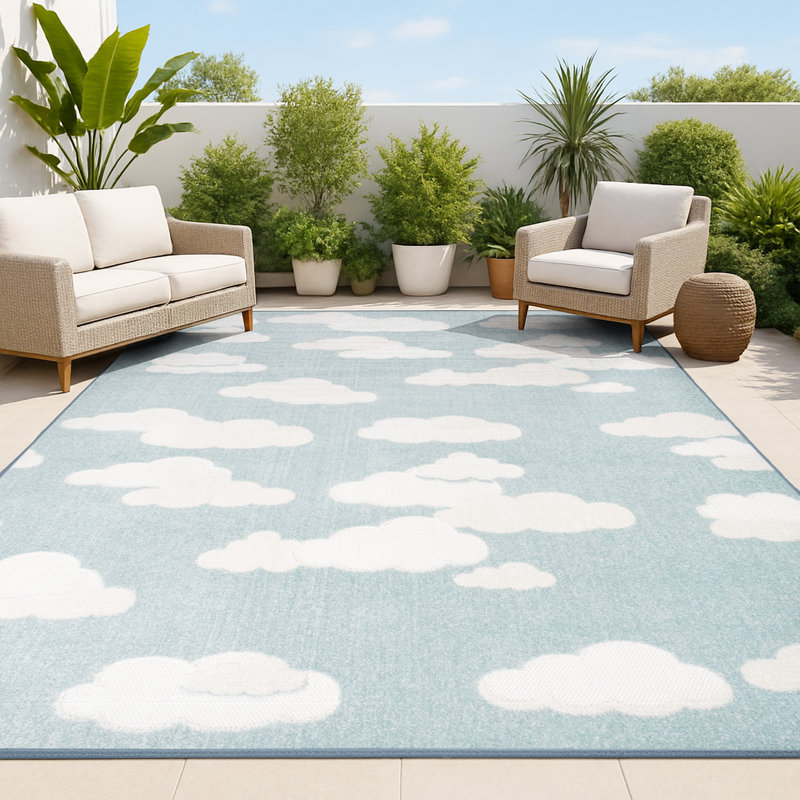 Tapis intérieur / extérieur bleu / ivoire Hedwig, Rectangle 3 pi 11 po x 6 pi, Blue/Ivory 