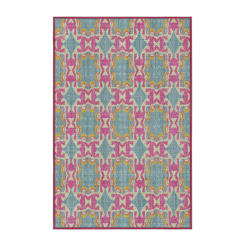 Tapis à motifs jaune/bleu/mehroon area, Rectangle 5 pi x 7 pi
